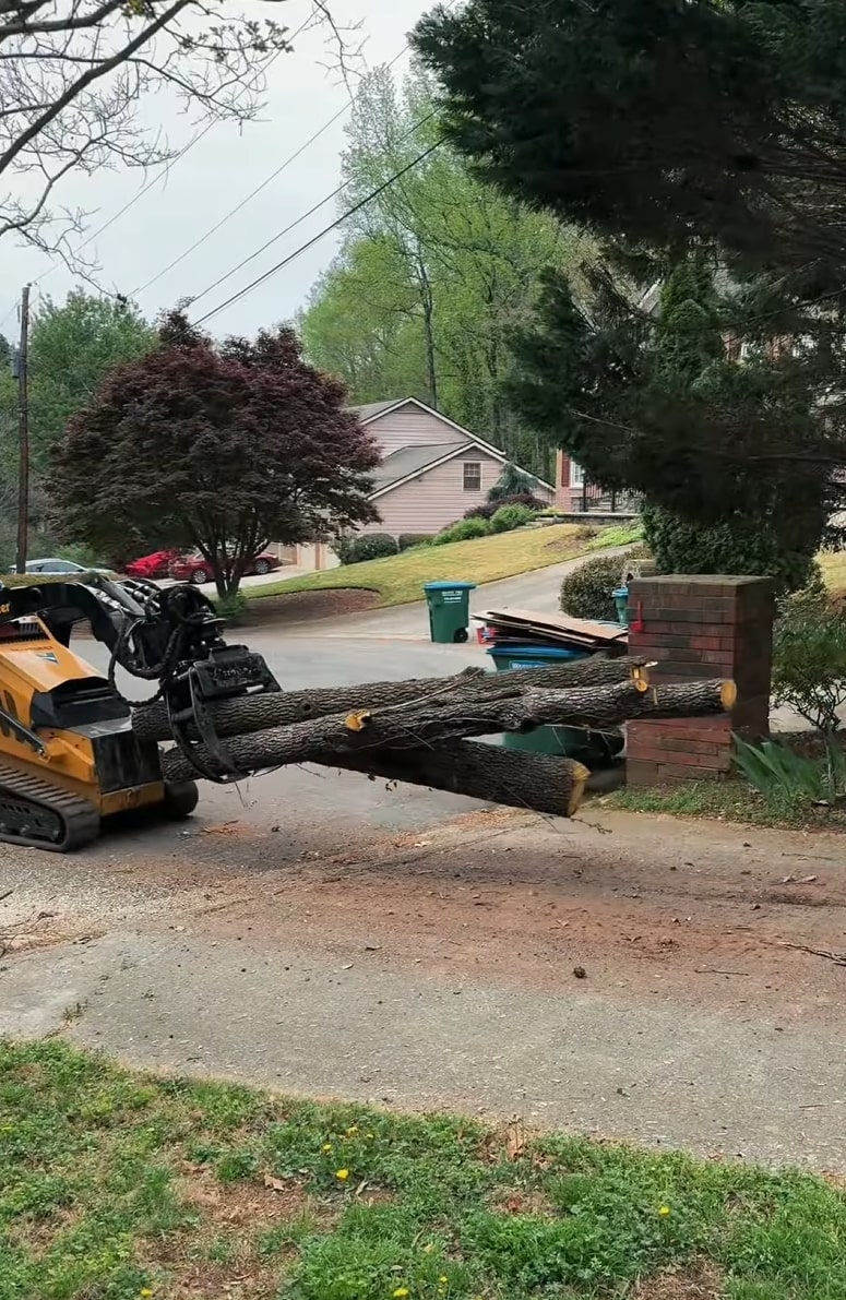 Heavy equipment safely removing large tree logs in residential area of Walnut Creek, CA